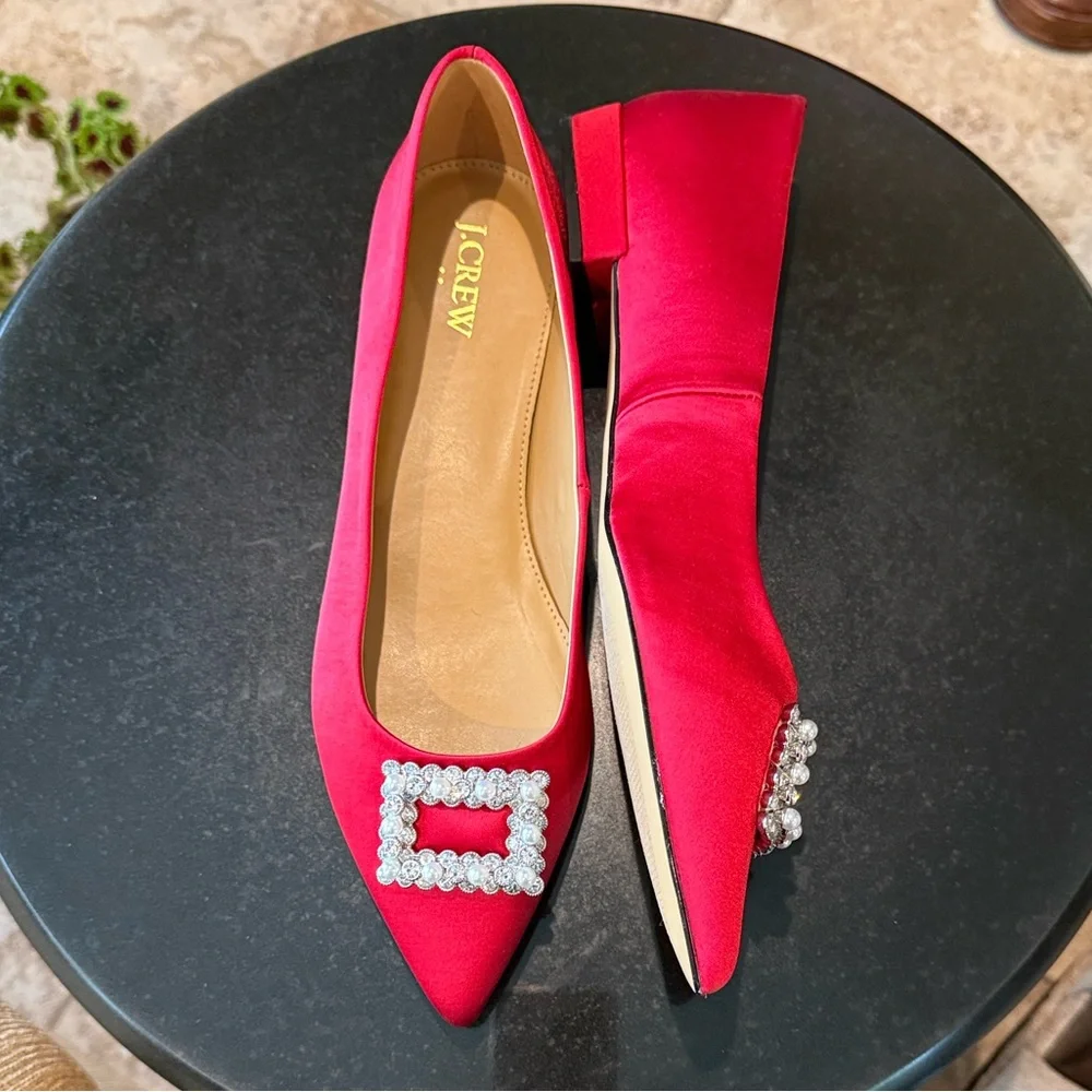J.Crew Women’s BU507 Red Satin Pointed Toe Jeweled Buckle Evening Flats 10 NEW
